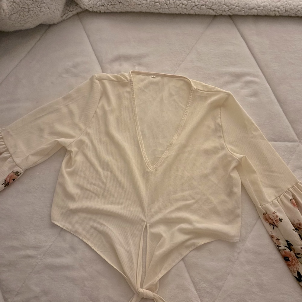 V Neck Sheer Beige Floral Blouse